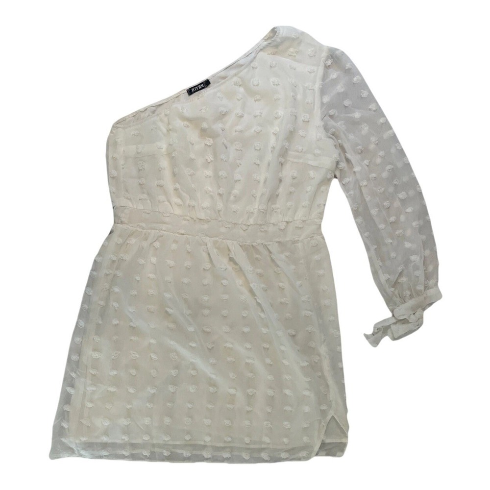 BTFBM One Shoulder Mini Dress Womens Large White Swiss Dot Long Sleeve Lined